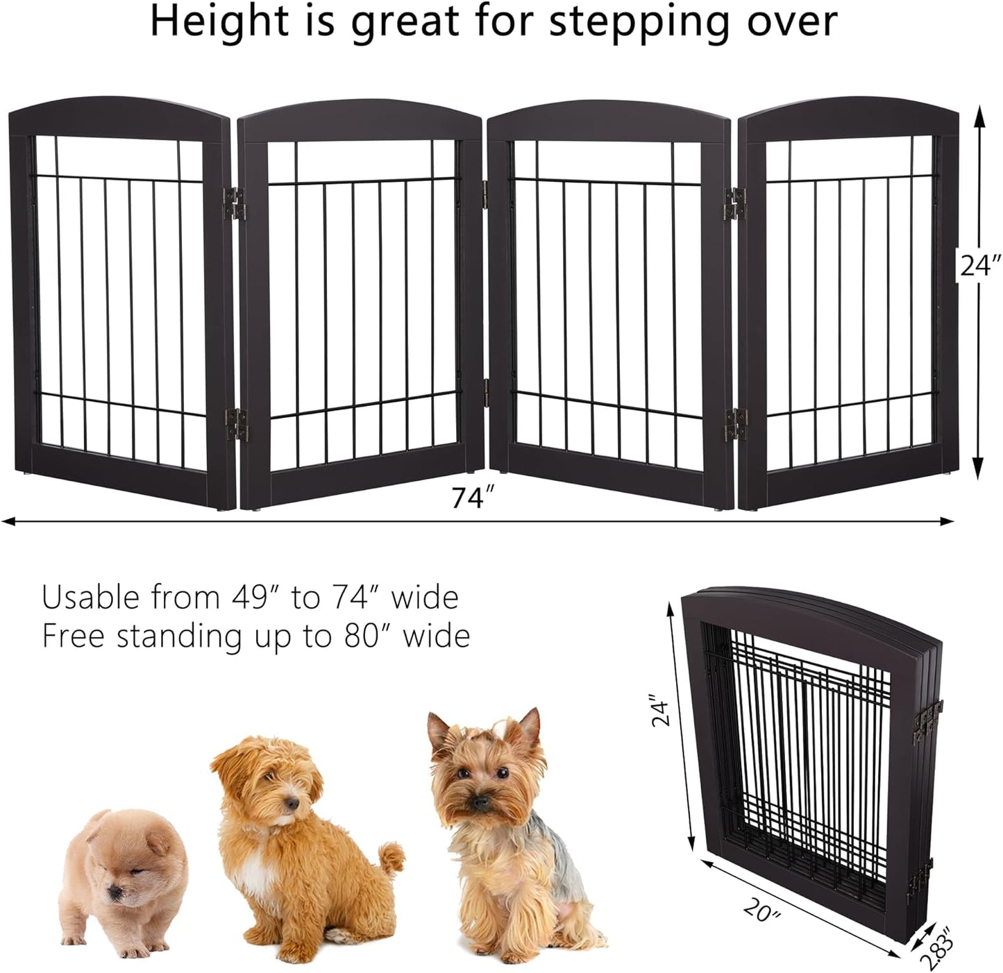 PAWLAND Free Standing Dog Gates for The House Stairs Doorways Indoor Foldable Wooden Small White Puppy Pet Gate Step Over Fence 60" W 24" H 3 Panels