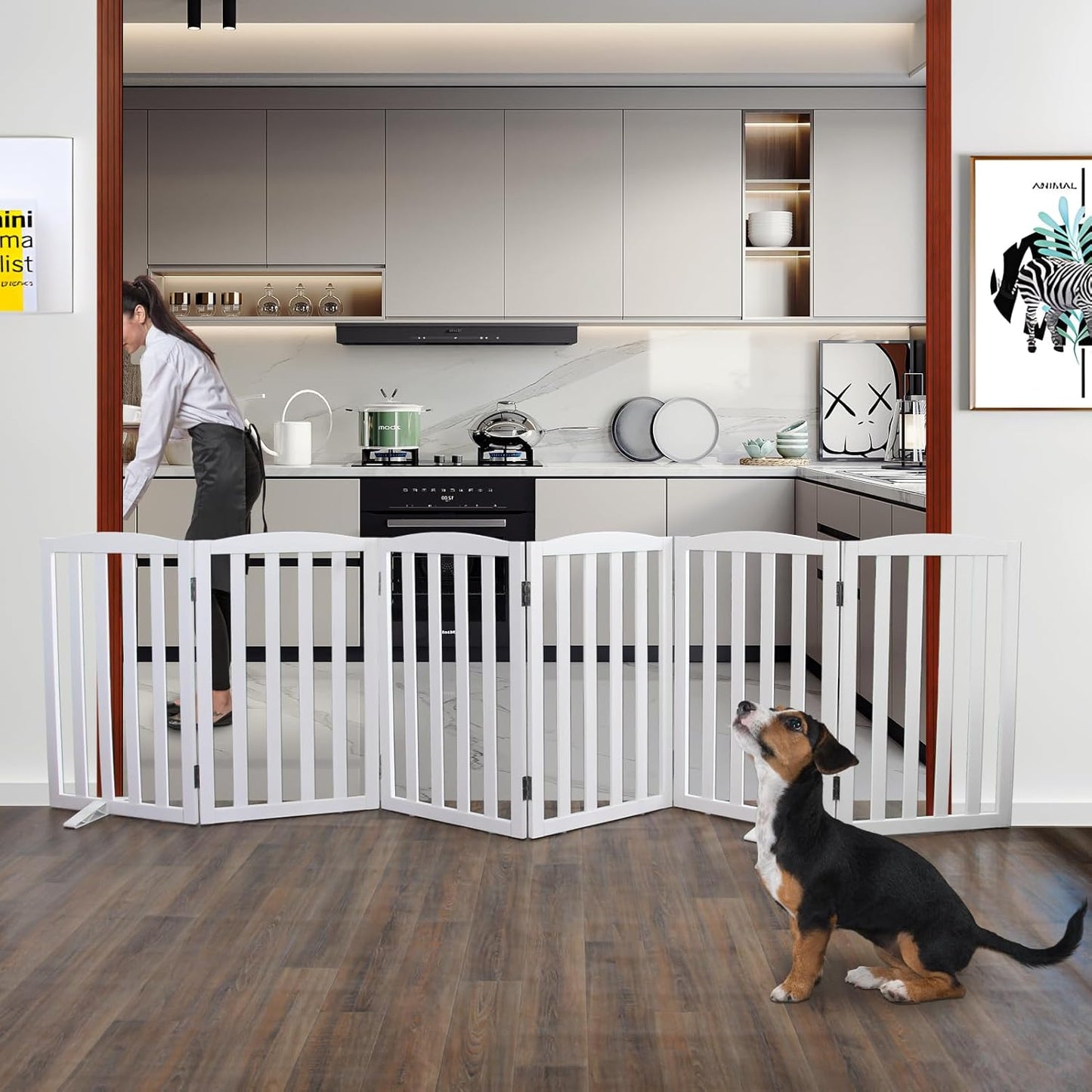 ZJSF Foldable Freestanding Indoor Dog Gate for House Wood White Long Pet Gates Dog Fence for Stairs Puppy Gates for Hallways,Pet Fence, Puppy Gate,Support Feet Included 24 "Height-3 Panels
