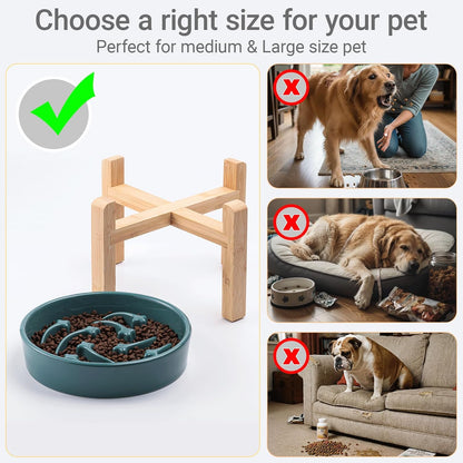 Ceramic Slow Feeder/Dog Bowl for Small Medium Dogs,Elevated/Raised Slow Feeding Dog Food Water Dish Heavy Weighted,Puzzle Eating Bowl Moder （Stars Mark-Forest Green, 8.26in）