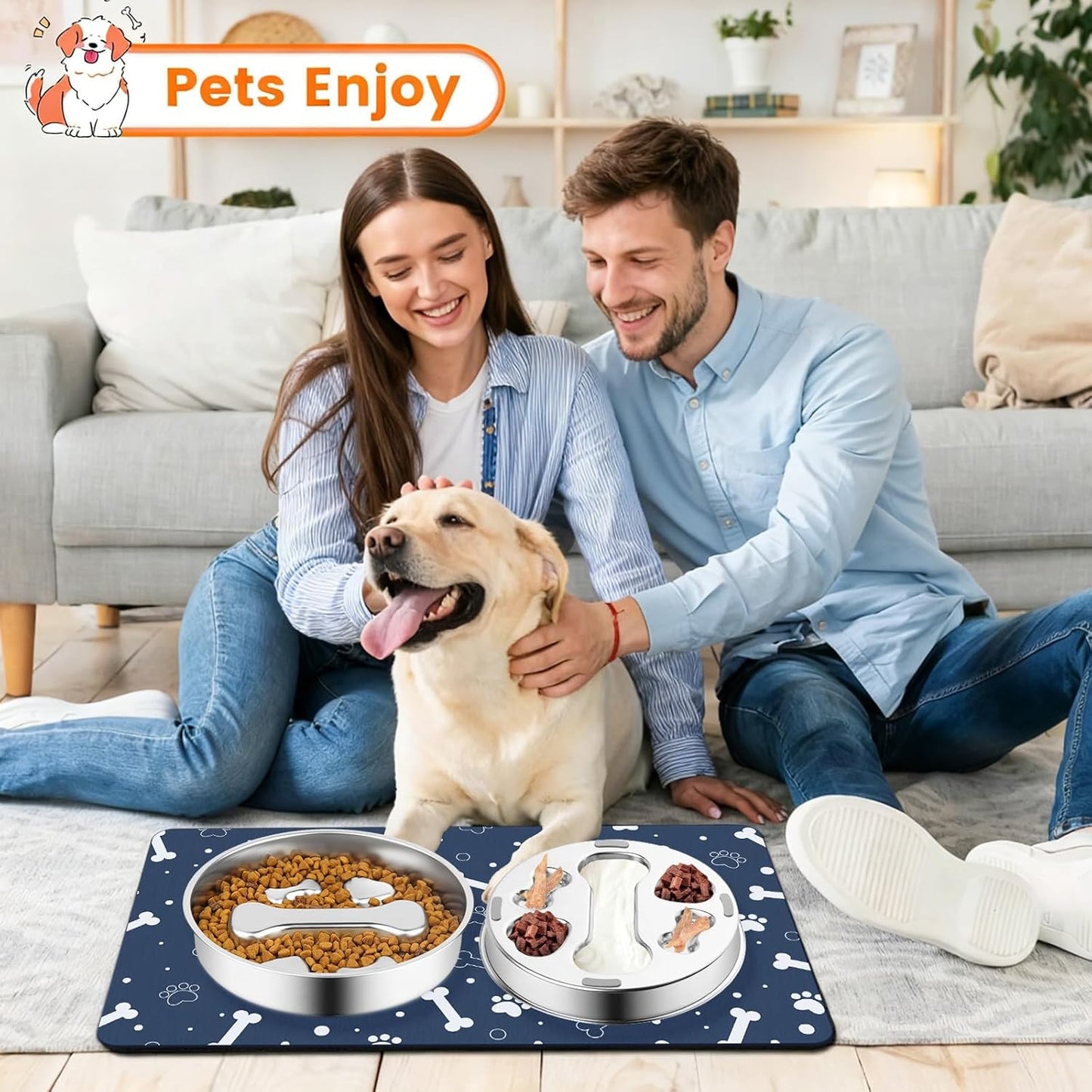 Stainless Steel Slow Feeder Dog Bowls,2 Pcs Slow Food Bowl for Dog & Cat - 2 Cups Capacity,Bone-Shaped Design Pet Food Holder,Metal Non-Slip Lick Plate,Puzzle Maze Dish for Small & Medium Sized Breeds