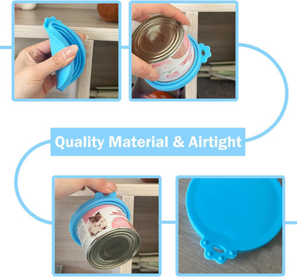 Pet Can Opener & 3 Pcs Cat Food Can Lids | Universal BPA Free Silicone Covers & Multi-Function Wet Food Spoon for Cat and Dog Food(Dark Blue)