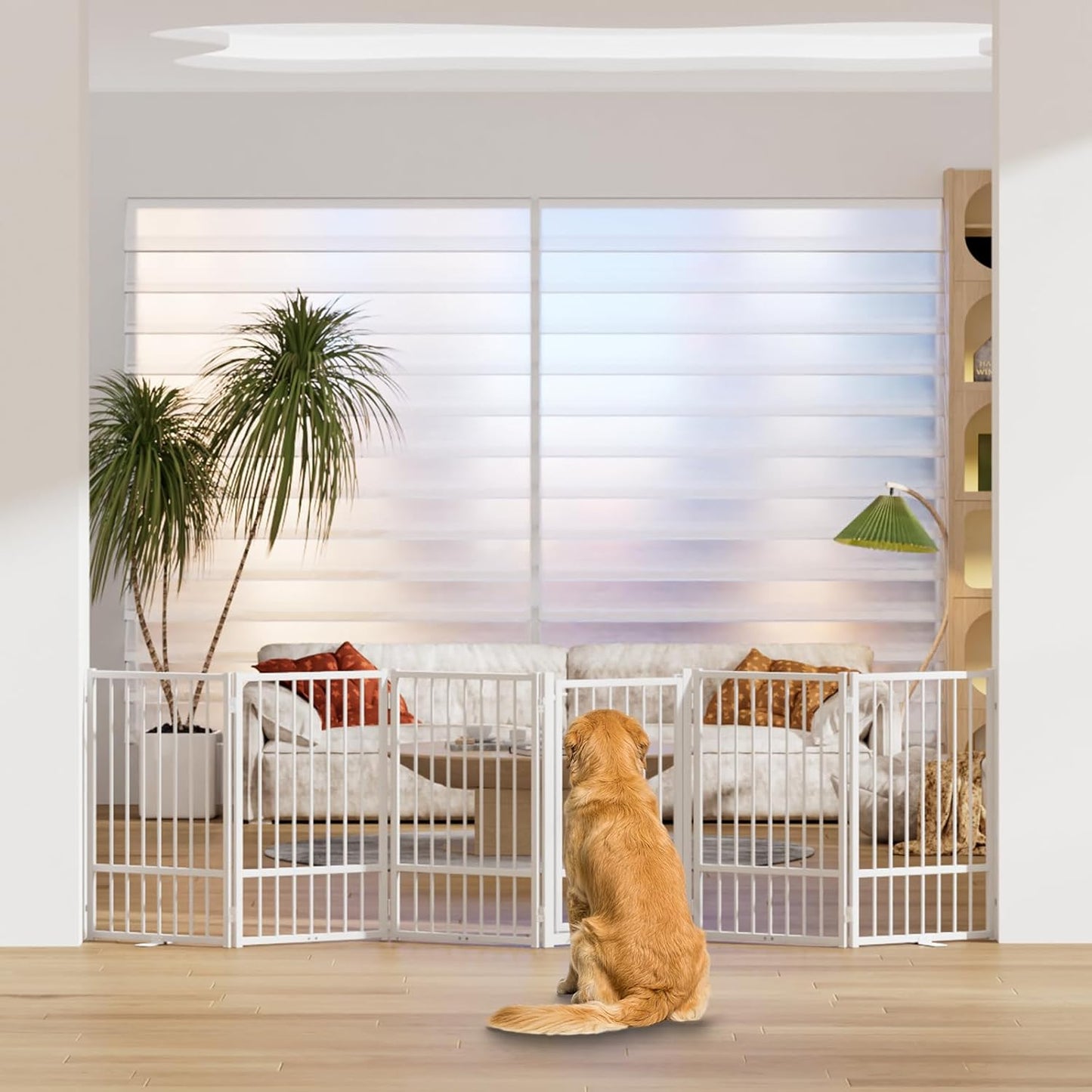 SNUOWU Full Metal Freestanding Dog Gate with Door, 32''Height Foldable Pet Dog Fence for Indoor & Outdoor, 4 Panels Extra Wide Free Standing TallDog Gates for Doorways,House,Stairs,Porch,Deck,Yard
