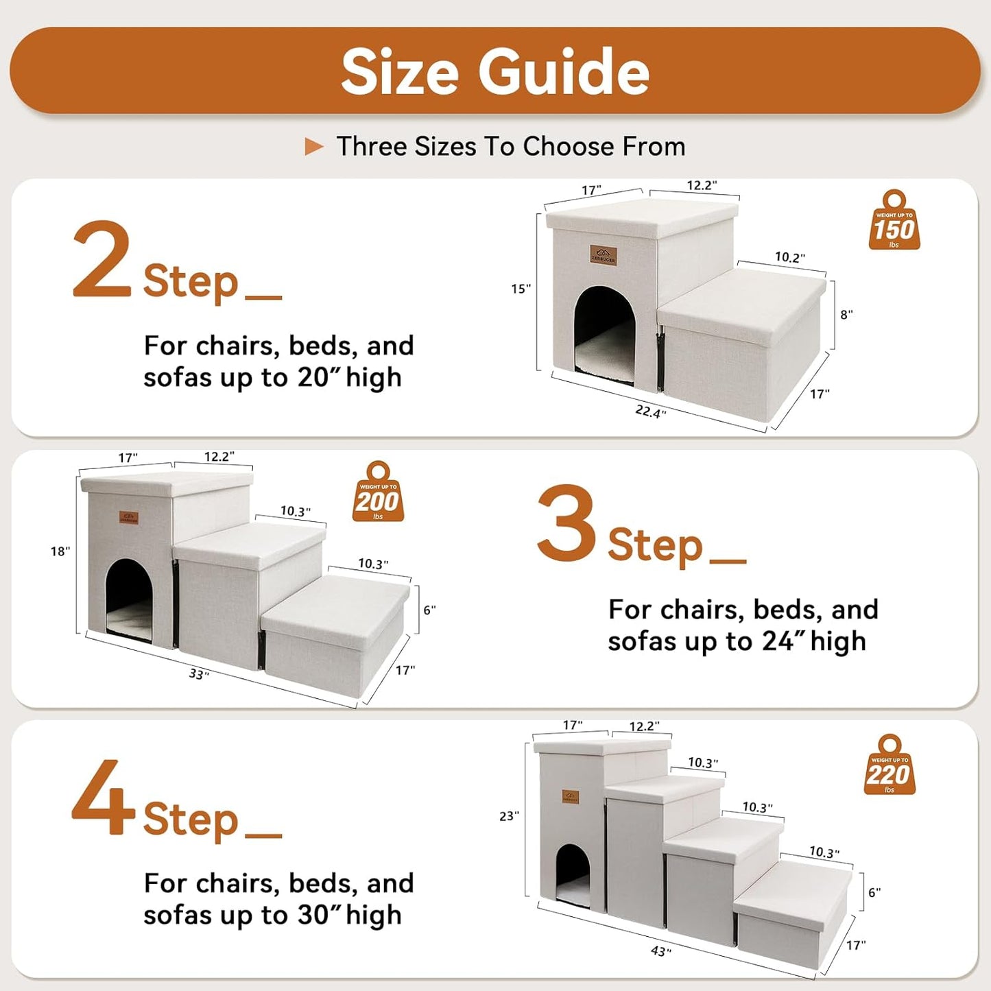 Zerbuger Wider Dog Ramp for High Bed with Storage 18" H, Foldable Dog Stairs for Small Medium Large Older Senior Animal, Sturdy Dog Step for Climbing Bed or Couch, Arthritis-Friendly (Gray, No Condo)