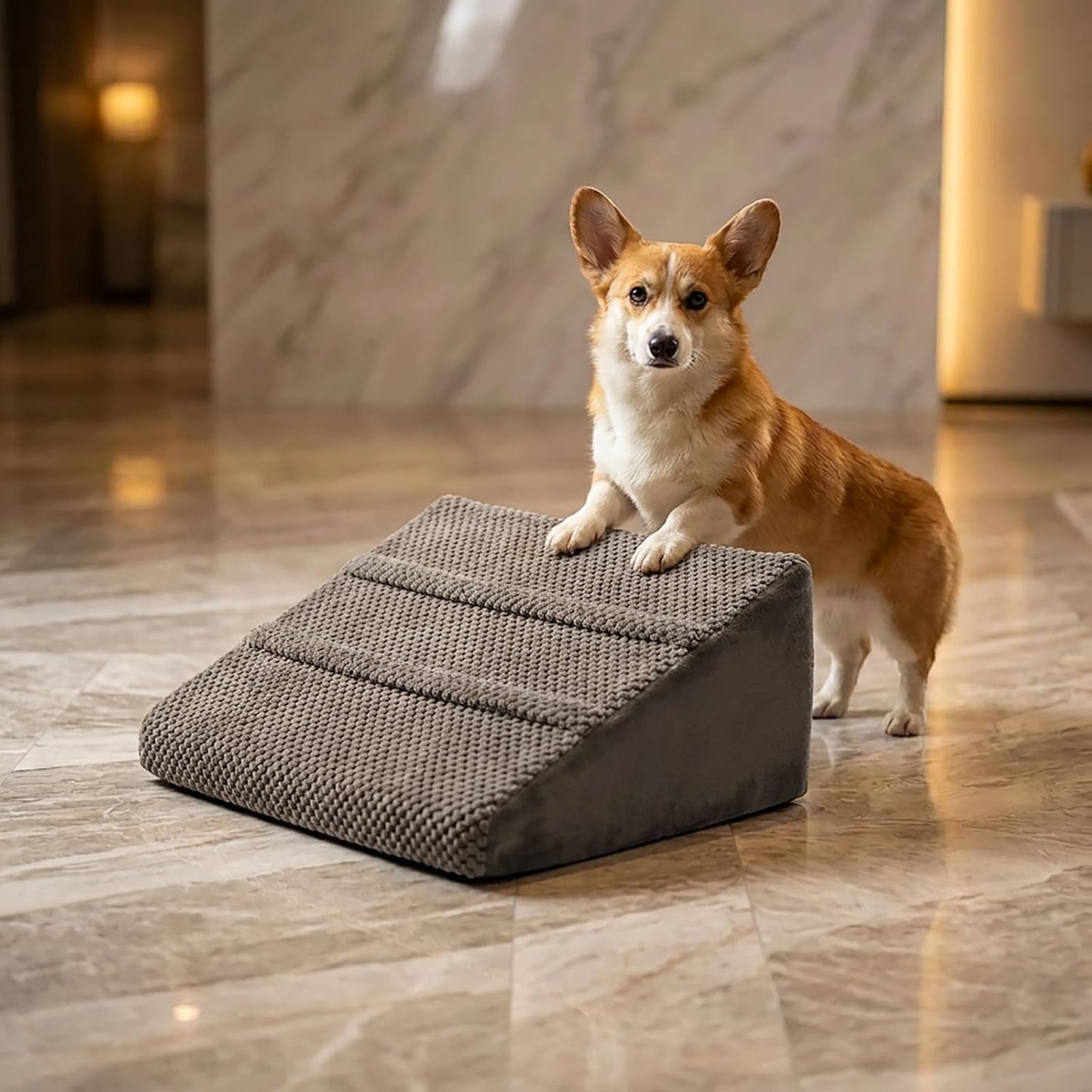 Dog Ramp for Stairs - Dog Steps-Anti-Slip Foam Stair Wedges for Small & Senior Dogs,Gentle Slope Pet Steps with Washable Corduroy Cover, Self-Sticky Pads for Safe Climbing (Gray,2-Pack)