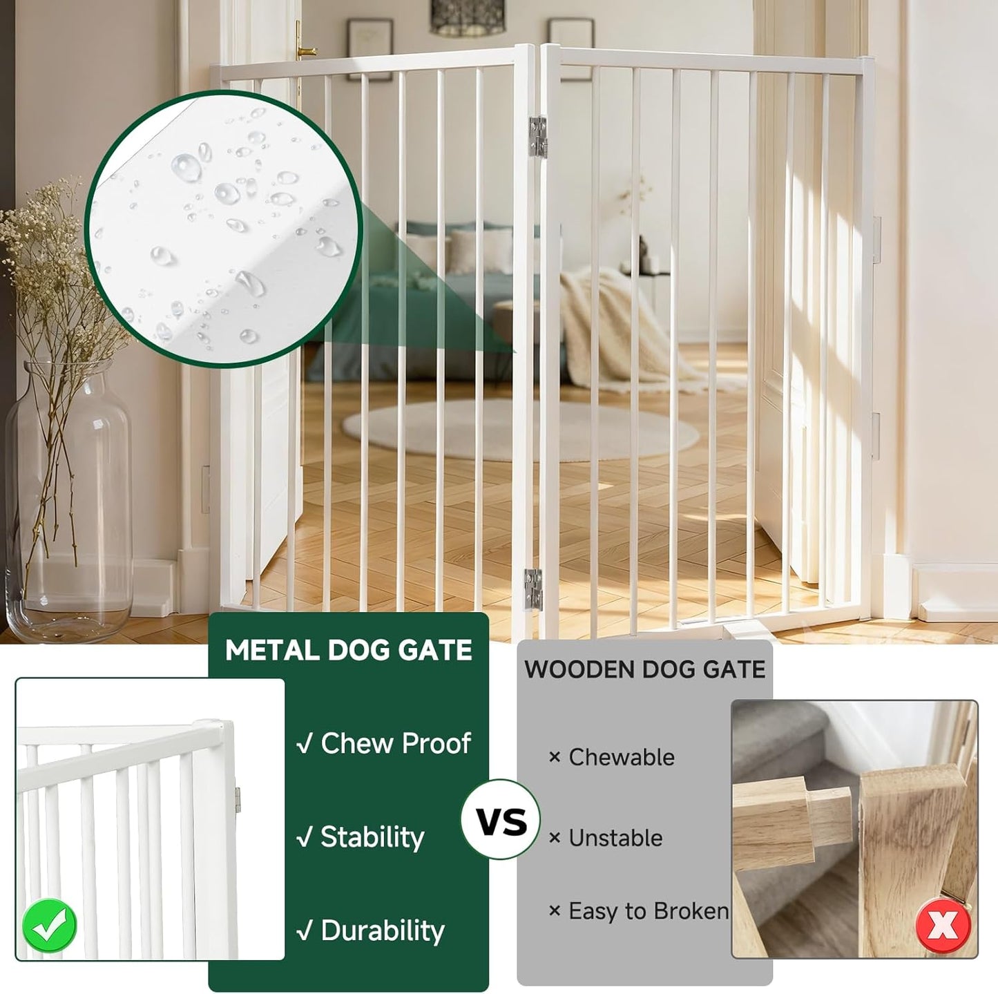 Snagle Paw Full Metal Freestanding Dog Gate,Indoor Dog Gate with Floor Protect Support Feet, 40x24 Inches Foldable Dogs Barrier for Stairs, Hallways and Doorways (24'' H 2 Panel, White