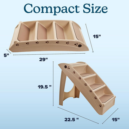 Pet Stairs - Home and Vehicle Foldable Nonslip Dog Steps with 4-Step Design - For Puppies, Kittens, and Other Small Pets by PETMAKER (Tan)