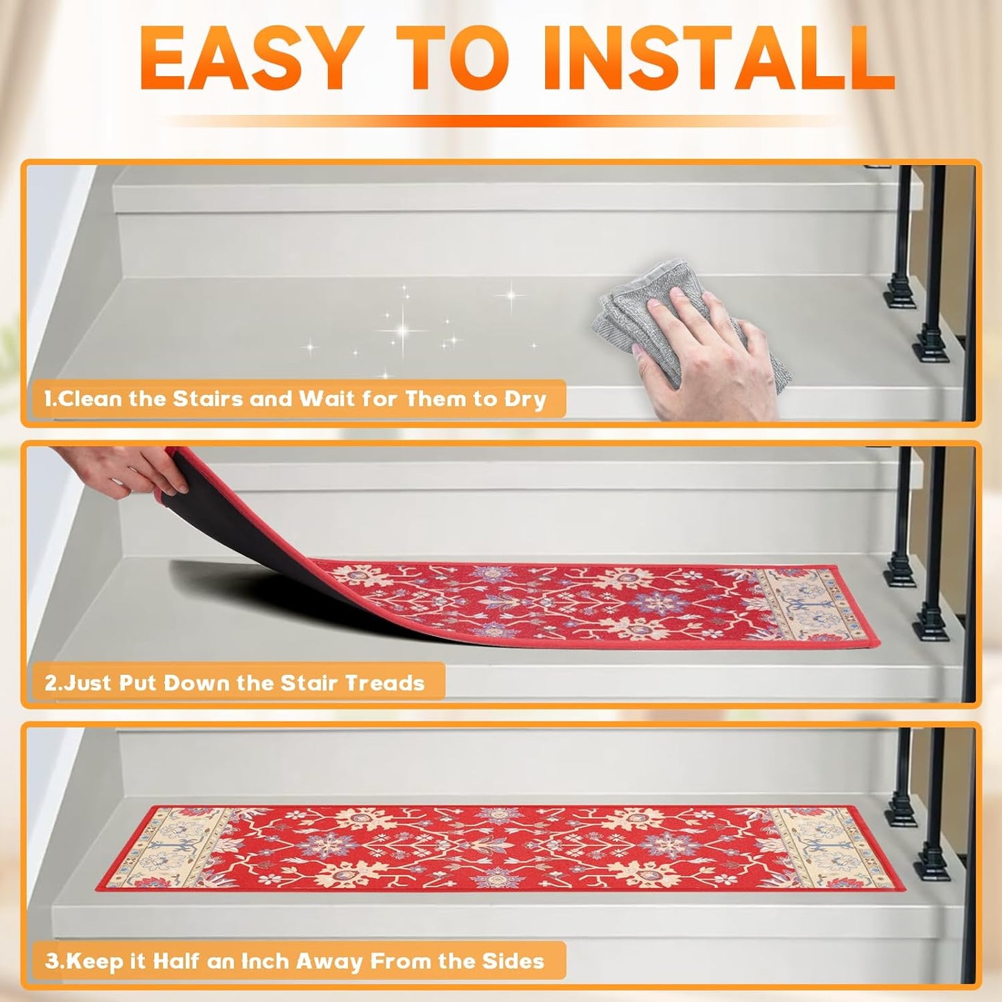 Stair Treads with Non-Slip Rubber Backing, Stair Treads for Wooden Steps, Indoor Stair Carpet Runners, Stair Rugs and Mats for Kids and Dogs, Gray, 8" x 30", 7 Pieces