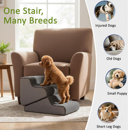 Dog Stairs for Bed & Couch – BuddyRamp 2-in-1 Foldable Dog Stairs and Ramp, 3-Step Pet Stairs Converts to Gentle Ramp, Non-Slip Soft Foam Steps for Small Dogs & Senior Pets
