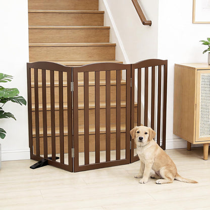 Freestanding Dog Gate Indoor,Doggie Gate Foldable Pet Gates for Doorways,Stairs or Hallways, Wooden Brown Pet Gate for the House, Pet Fence with Support Feet Included,24 "Height-3 Panels
