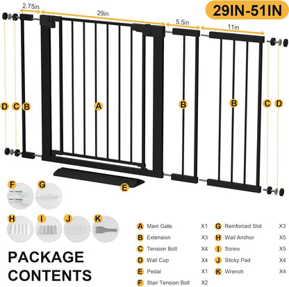 29-42 inches Metal Baby Gate for Stairs/Doorways, 30 inches Tall Pressure Mounted Pet Gates, Auto-Close Child Safety Gate, No Drilling Easy Walk-Through Dog Gate Indoor, Black