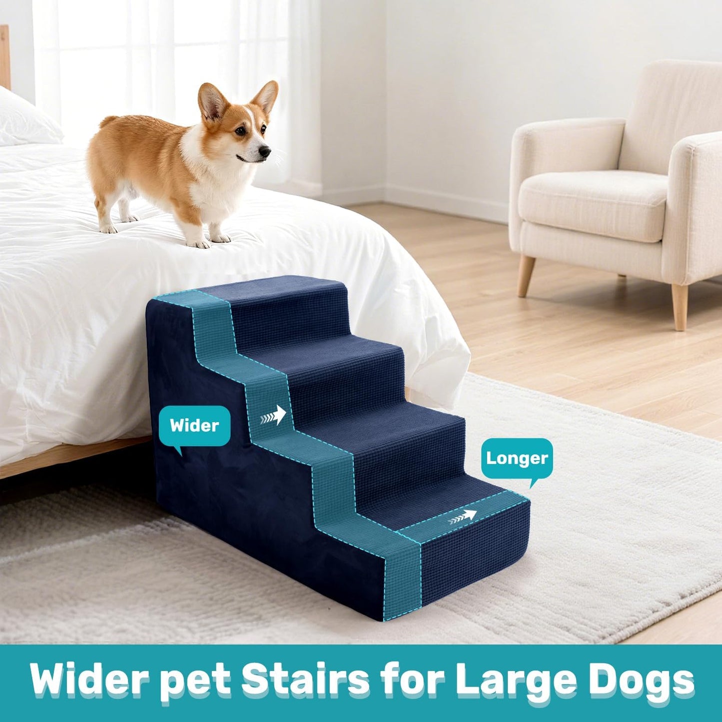 Dog Stairs for Bed, Extra Wide 5-Step Dog Steps for High Bed, High-Density Foam Pet Stairs with Non-Slip Removable Washable Cover for Small Pets, 23" H, Navy