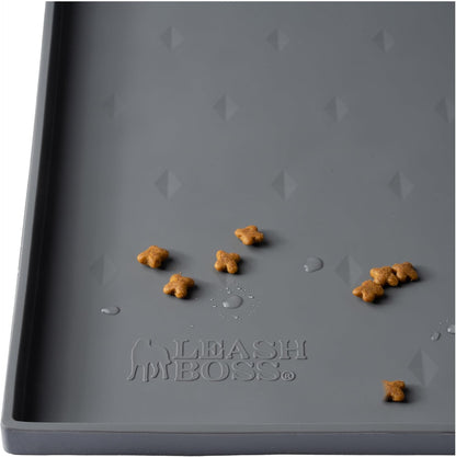 Leash Boss Dog Food Mat - Waterproof Cat & Dog Bowl Mat for Food and Water, Silicone Pet Feeding Mats for Floors, Non-Slip Placemat with High Edges, Puppy Essentials (Small: 18"x11", Navy)