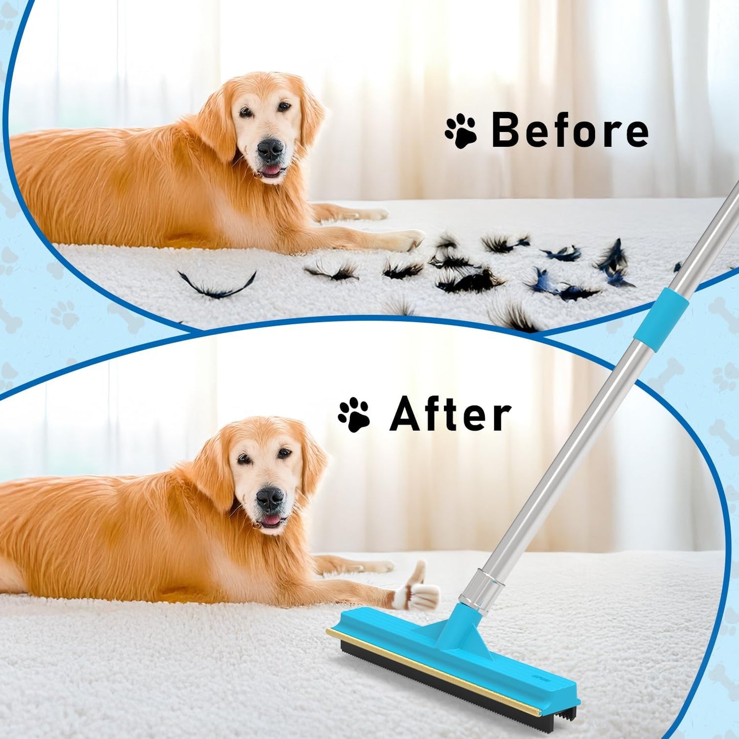 Upgraded Carpet Rake for Pet Hair Removal,2PCS Reusable Pet Hair Remover with 56” Adjustable Long Handle, 3 in 1 Rubber Broom and Carpet Brush Scraper for Rugs, Mats, Couch, Furniture