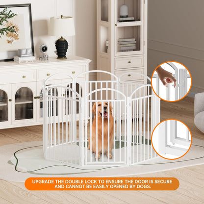 SNUOWU 4 Panels Full Matel Freestanding Dog Gates with Door, 96"Extra Wide 32"Tall Free Standing Dog Pet Gate for Indoor & Outdoor. Foldable Pet Fences for Doorways, House, Stairs, Porch, Deck, Yard