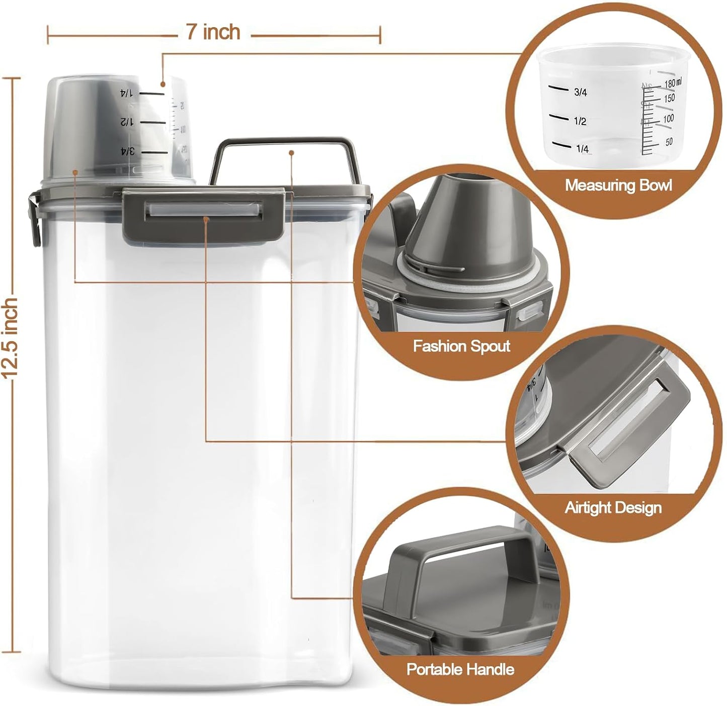 TIOVERY Dog Food Storage Container, 5-7 Lbs Airtight Pet Food Container, Cat Food Container Dispenser Plastic Bin with Pouring Spout, Portable Handle and a Collapsible bowl for Dogs Cats Grey/6Qt