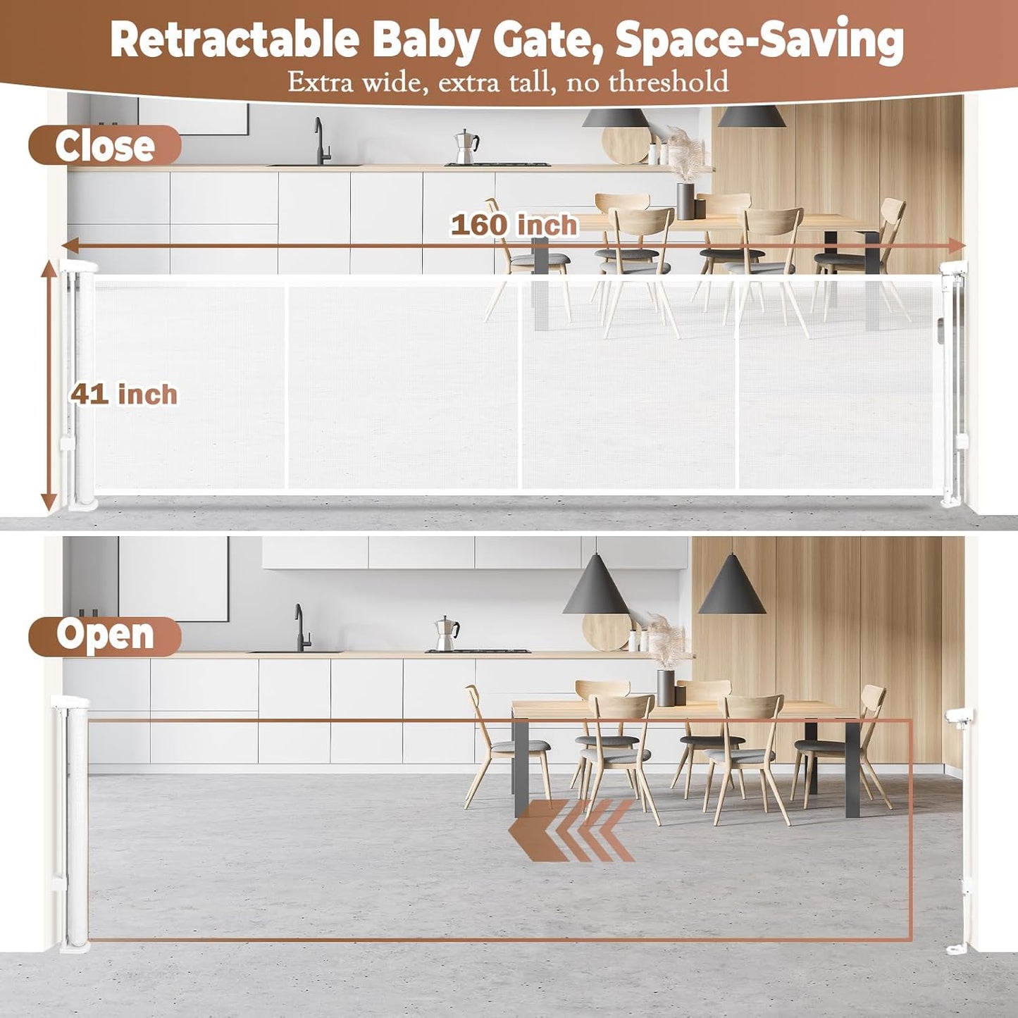 236" Retractable Baby Gate Extra Wide, 41" Tall Retractable Dog Gate for Stairs, Doorways, Decks, Mesh Gate Long Child Gate Pet Gate for Indoor, Outdoor, with Reinforced Mesh Rods, Dual Locks