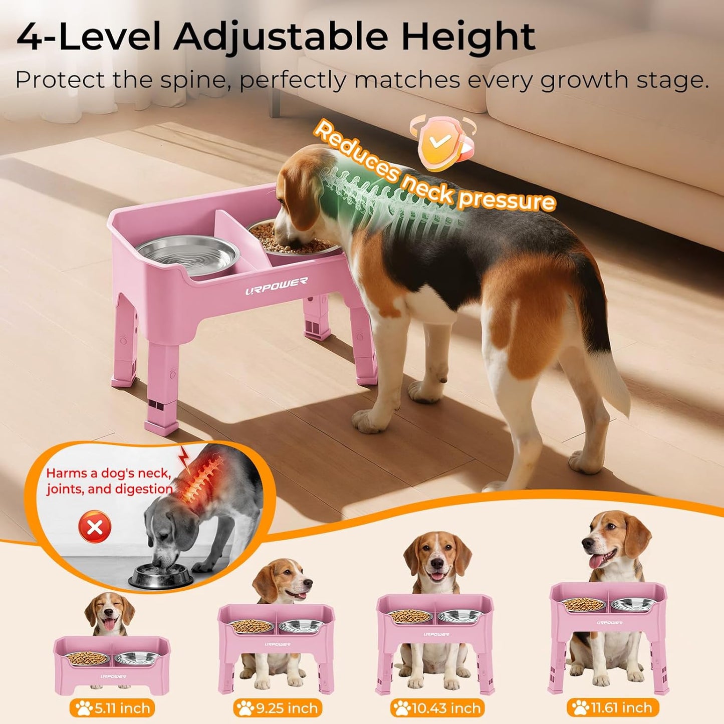URPOWER 3-in-1 Elevated Dog Bowls - Mess Proof Double Deck 4 Height Adjustable Raised Stand with 2 Stainless Steel Food Bowls & Licking Plate for Small, Medium & Large Dogs