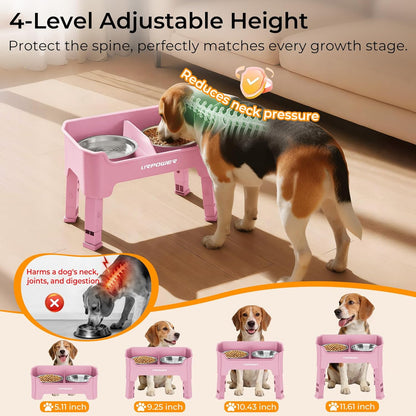 URPOWER 3-in-1 Elevated Dog Bowls - Mess Proof Double Deck 4 Height Adjustable Raised Stand with 2 Stainless Steel Food Bowls & Licking Plate for Small, Medium & Large Dogs