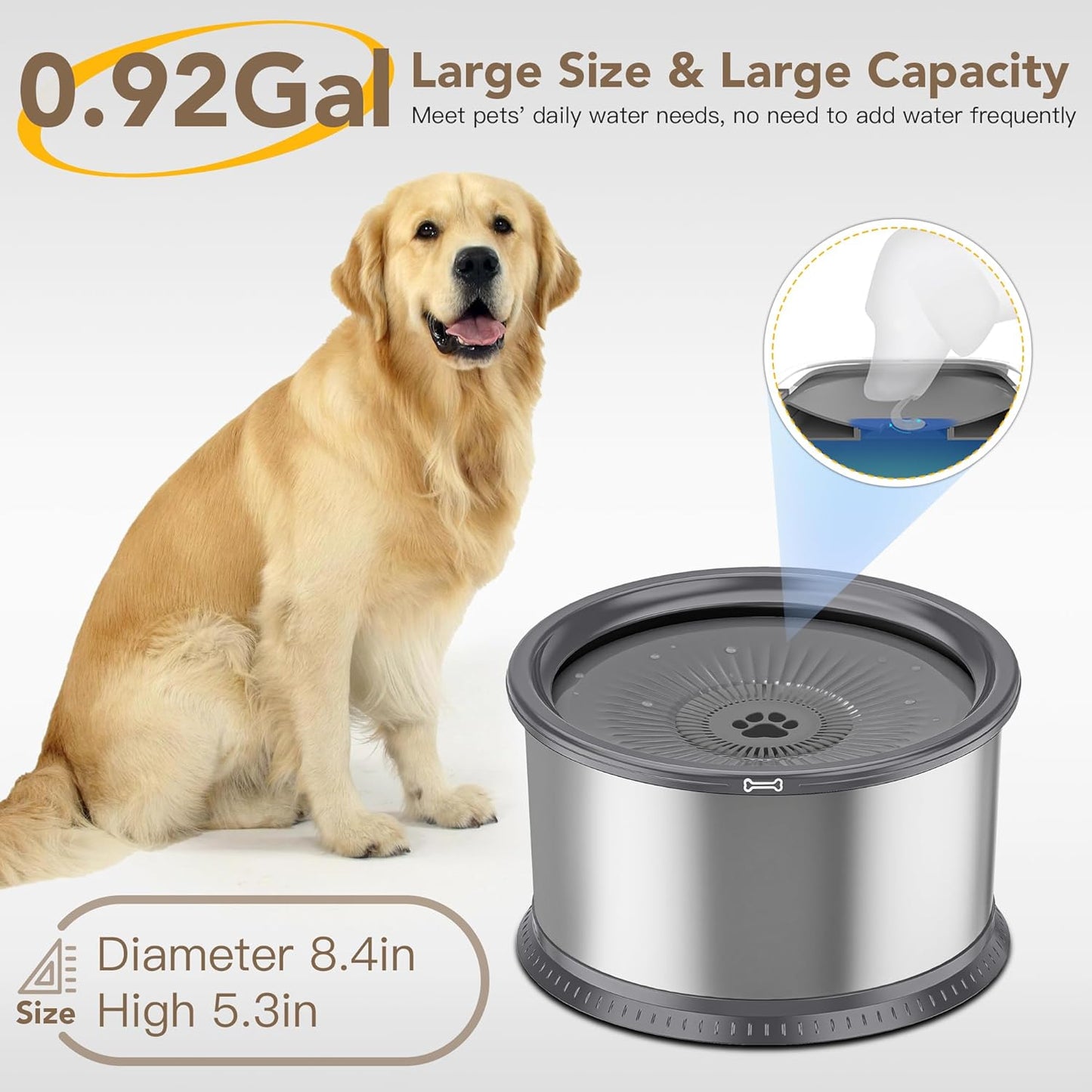 1.6 Gallon Dog Water Bowl, 6.5L/220oz Stainless Steel No Spill Water Bowl for Large Dogs, Super Large Capacity Splash Proof Pet Slow Drinking Water Bowl with Anti-Slip Mat for Mess Drinkers