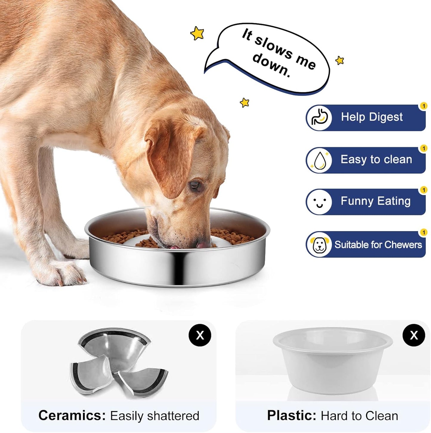 AIPERRO Slow Feeder Dog Bowl Stainless Steel, 2 Cups Metal Non-Slip Dog Food Bowls, Dogs Water Bowl for Small & Medium Sized Dogs, Fun Bloat Stop Pet Bowl for Fast Eaters, Slows Down Pets Eating
