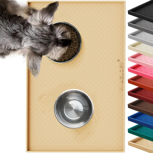 VIVAGLORY Dog Bowl Mat Grippymat Pet Food Mat, Waterproof Washable Nonslip Silicone for Pet & Cat, Food and Water Placemat with Lip & Raised Edges for Indoor Floor, S, Grey