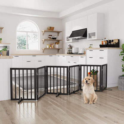 Freestanding Dog Gates Indoor, 3-Panel Pet Gates with 2 Metal Stands and 360° Hinge, 24" H Foldable Dog Gate for Stairs, Doorway, Kitchen, Expands Up to 55" Fully Assembled - Black Walnut