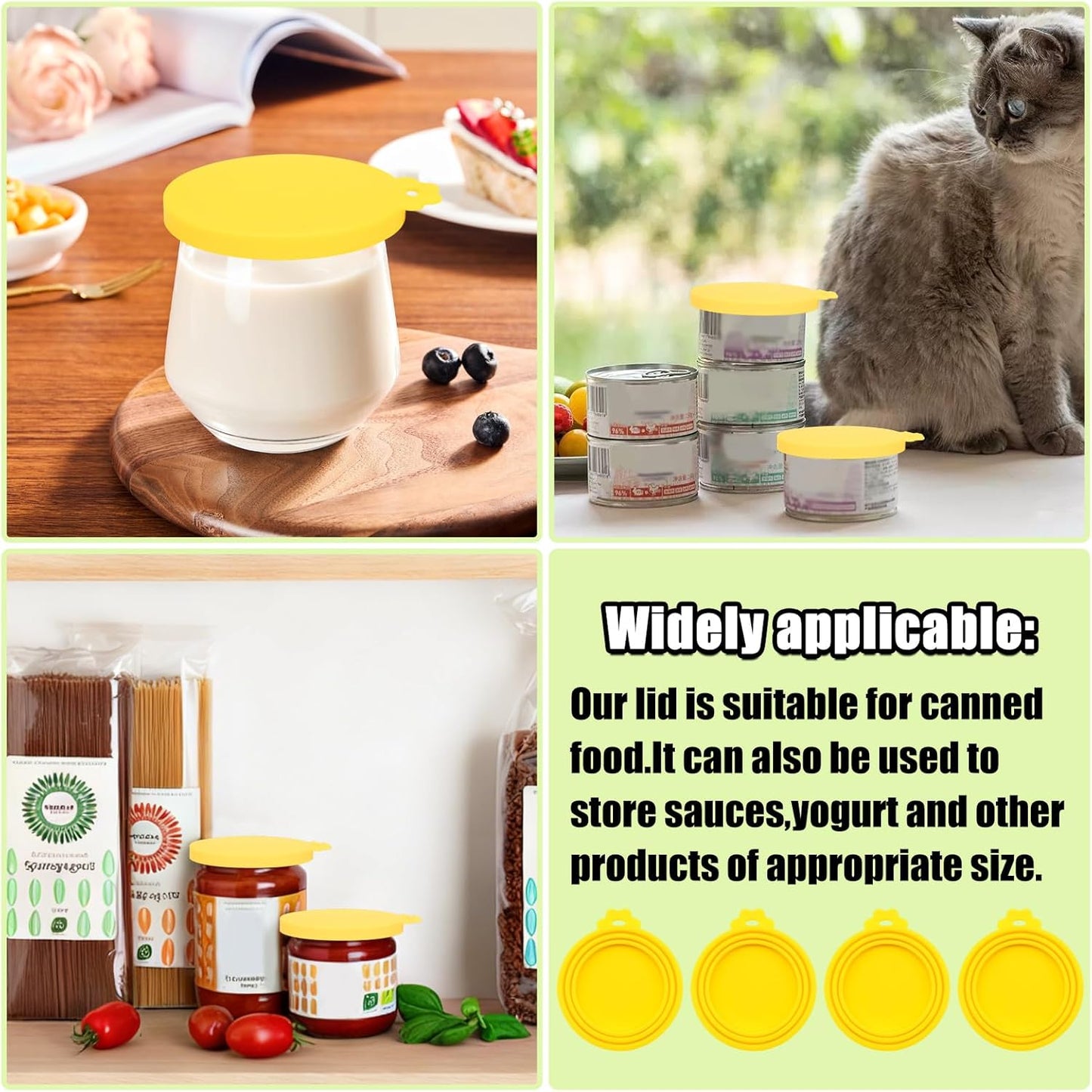 PINE & LINEN 4 Pcs 2.5inch Durable Pet Can Lids, Silicone Small Pet Can Covers Waterproof Cat Food Cans Lids for 3 oz Cat Food Cans（Yellow+Red+Pink+Blue）