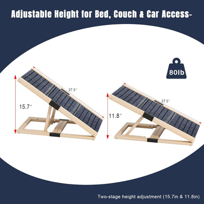 Adjustable Wooden Dog Ramp for Small & Medium Dogs, 27.6" Long x 11.8" Wide Portable Pet Ramp for Bed, Couch, Sofa & Car, Anti-Slip Carpet, Lightweight Foldable Indoor Outdoor Travel Dog Ramp