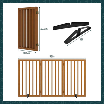 Freestanding Dog Gates Indoor, 3-Panel Pet Gates with 2 Metal Stands and 360° Hinge, 24" H Foldable Dog Gate for Stairs, Doorway, Kitchen, Expands Up to 55" Fully Assembled - Black Walnut