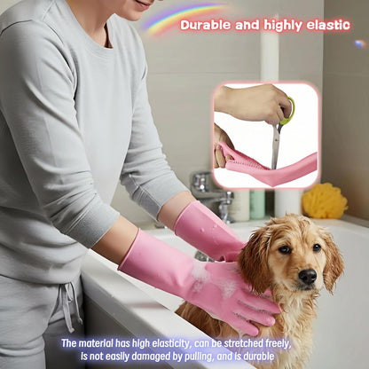 Silicone Dog Grooming Glove for Dogs and Cats, Enhanced Five-Finger Fit, Non-Slip & Extended Cuff, Dual-Sided Pet Bath Brush for Washing, Massage & Deep Cleaning 1 Pair (Pink)