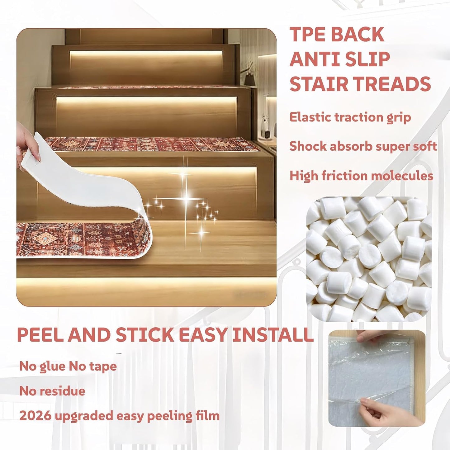 Stair Treads for Wooden Steps, Non Slip Stair Treads Carpet Indoor Residue Free Peel and Stick Washable Stair Covers, Safe for Dogs Kids Elders, Moroccan Beige, 8x30 inch, 4 Pack