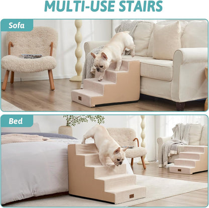 COZY KISS Dog Stairs for Small Dogs, 4 Tier Wider Pet Stairs for Couch and Beds, 17.7" H Non-Slip Dog Steps for Old Cats, Puppy, Small Medium Dogs, 17.7x23.6x17.7 inch, Beige