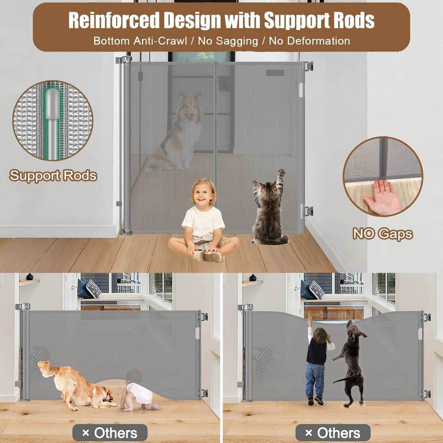 Reinforced 55" Extra Tall Pet Gate for Doorway - No Jumping Over, 55" Wide Retractable Baby Gates with Support Rods - No Crawling Under, Climb Proof Cat Gate for Stairs Tall Retractable Dog Gate/Black