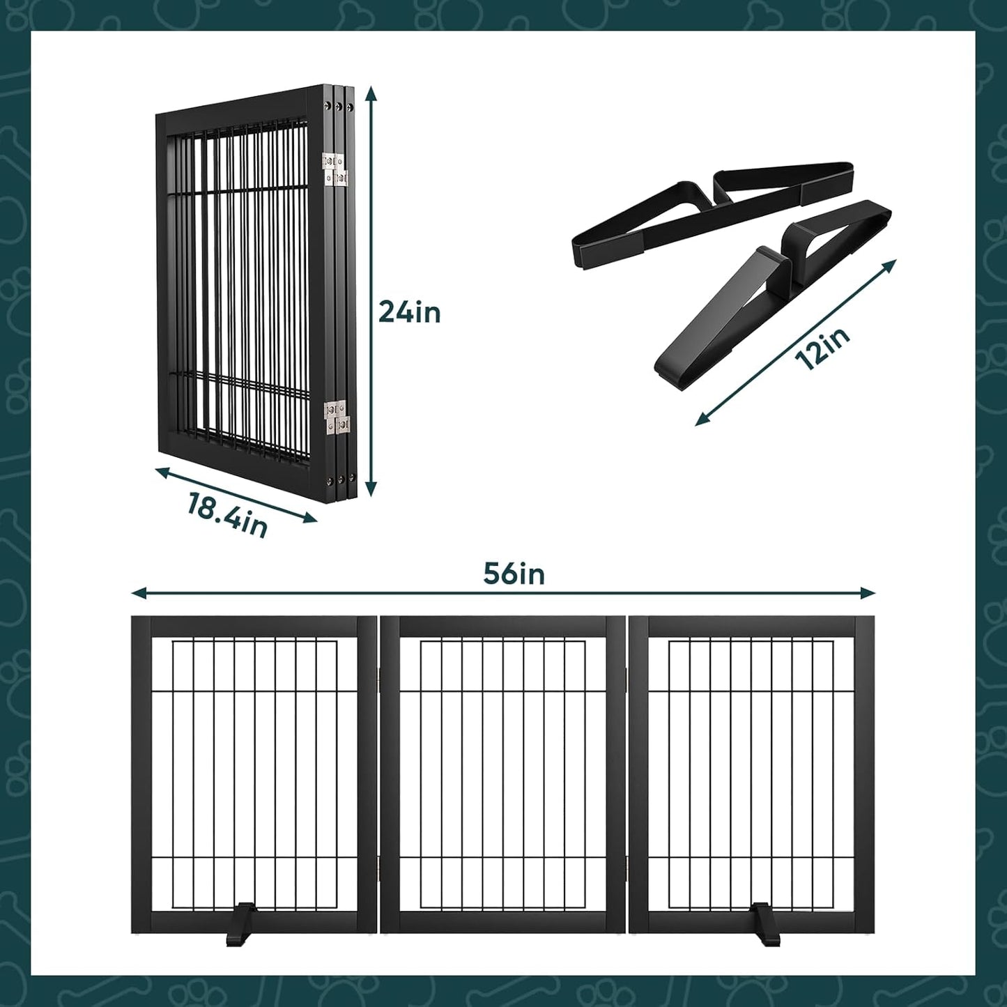 Freestanding Dog Gates Indoor, 3-Panel Pet Gates with 2 Metal Stands and 360° Hinge, 24" H Foldable Dog Gate for Stairs, Doorway, Kitchen, Expands Up to 55" Fully Assembled - Black Walnut