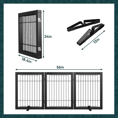 Freestanding Dog Gates Indoor, 3-Panel Pet Gates with 2 Metal Stands and 360° Hinge, 24" H Foldable Dog Gate for Stairs, Doorway, Kitchen, Expands Up to 55" Fully Assembled - Black Walnut