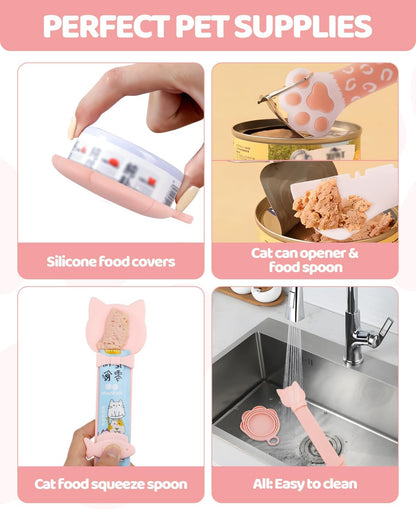 5 PCS Cat Food Can Covers Lids Set, Silicone Pet Food Can Lids with Multi-Function Cat Food Spoon and Opener, Cat Bar Squeezer, Stainless Steel Wet Food Spoon for Cats and Dogs (Pink) (Pink)
