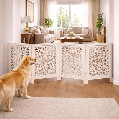 Freestanding Pet Gate for Dogs, Foldable Wooden Dog Gate for House, Indoor Dog Gate for Stair, Doorway, House Design Gates for Dogs Indoor, 72 Inch Wide, (18" x4 Panels 72 inch), Burnt Finish