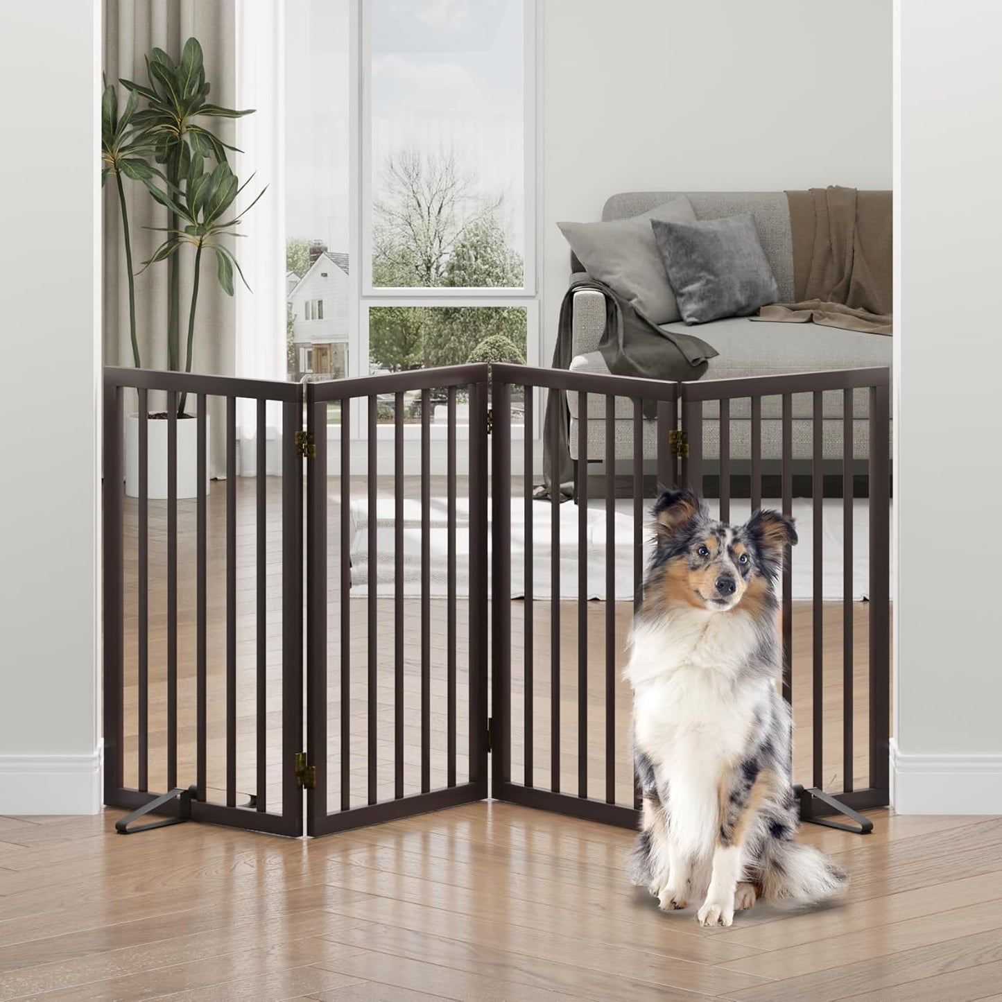 Freestanding Foldable Dog Gate - 4 Panel Room Divider with Metal Support Feet (Black)
