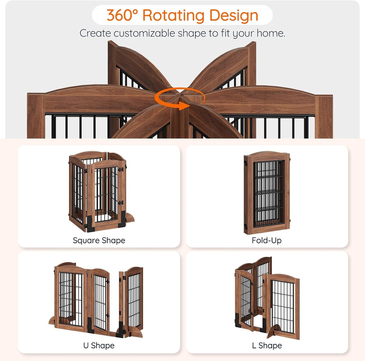 HOOBRO Dog Gate with Door Walk Through, 24.8'' Tall Freestanding Pet Gate with 2 Support Feet, Foldable Dog Fence Indoor, 360° Rotating Hinges, for Doorways, Stairs, Walnut BH85PP03