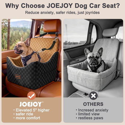 JOEJOY Elevated Dog Car Seat for Small/Medium Dogs up to 35 lbs, Memory Foam Booster Seat with Detachable Washable Cover, Travel-Safe Car Bed with Safety Belts & Storage Pockets, Grey