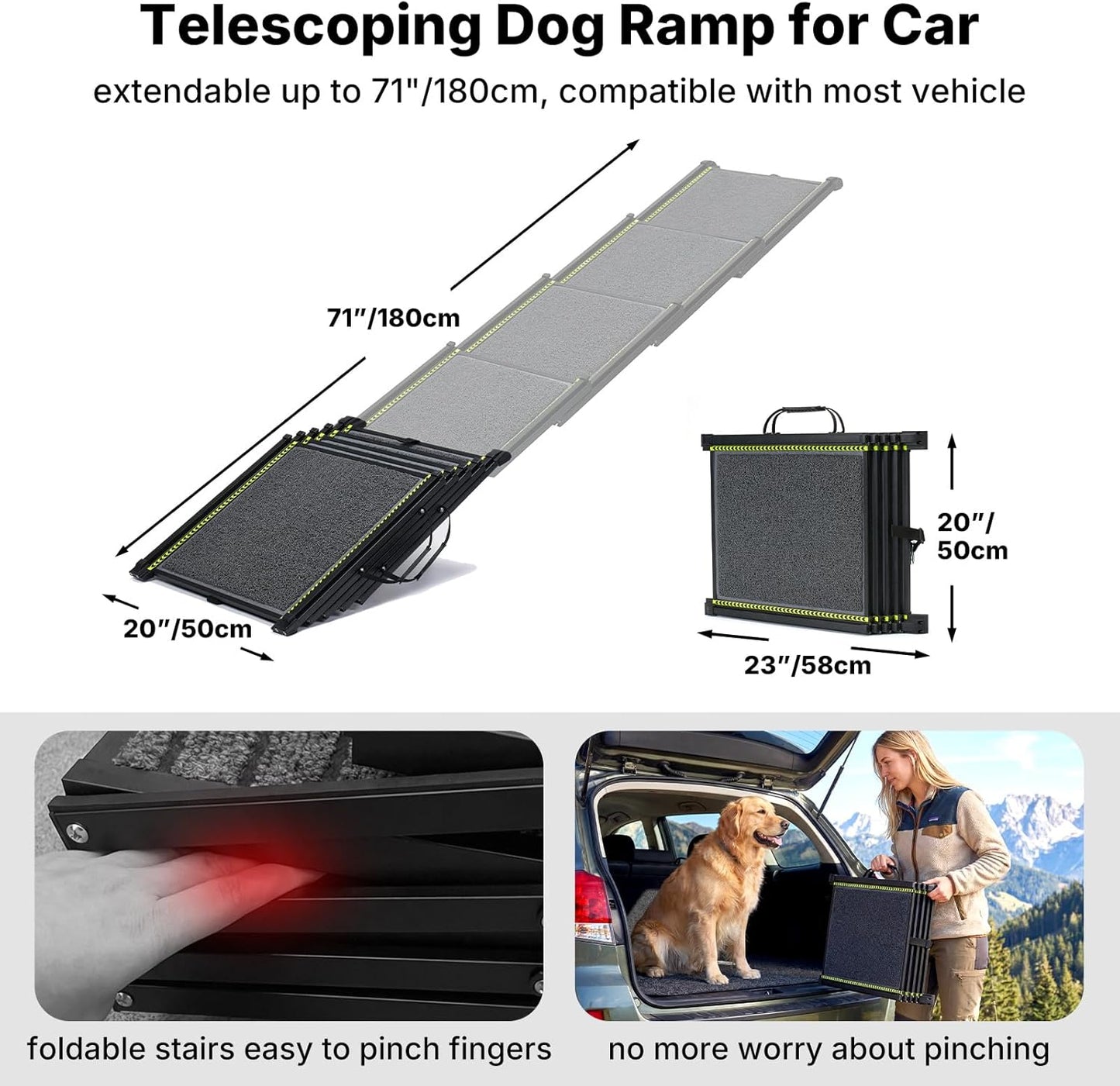 Veehoo Telescoping Dog Ramp for Car Truck SUV, 71" Long 20" Wide Lightweight Aluminium Pet Ramps with Non Slip Surface for Large Dogs, Portable Compact Outdoor Ramp for Dog to Get in Car, Up to 110lbs