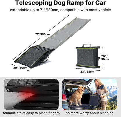 Veehoo Telescoping Dog Ramp for Car Truck SUV, 71" Long 20" Wide Lightweight Aluminium Pet Ramps with Non Slip Surface for Large Dogs, Portable Compact Outdoor Ramp for Dog to Get in Car, Up to 110lbs