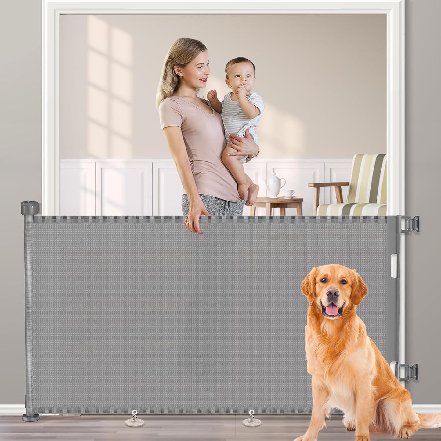 Upgrade 120 inch Retractable Baby Gates, EZIGO Extra Wide Baby Gate for Large Opening Extra Long Mesh Gate for Kids or Pet Dog Gate Child Safety Gate for Stairs Hallways Doorway Indoor Outdoor, Gray