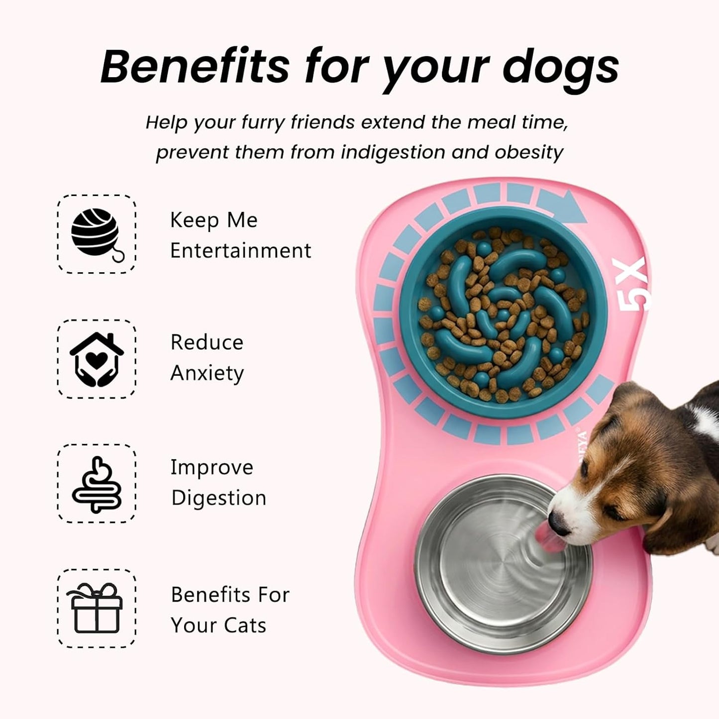 YINEYA 3 in 1 Slow Feeder Dog Bowls & Stainless Steel Food and Water Bowl with Non-Spill Dog Bowl Mat, Anti-Choking Puppy Bowls, Floor Safe & Easy Clean for Large Medium Small Dogs Cats