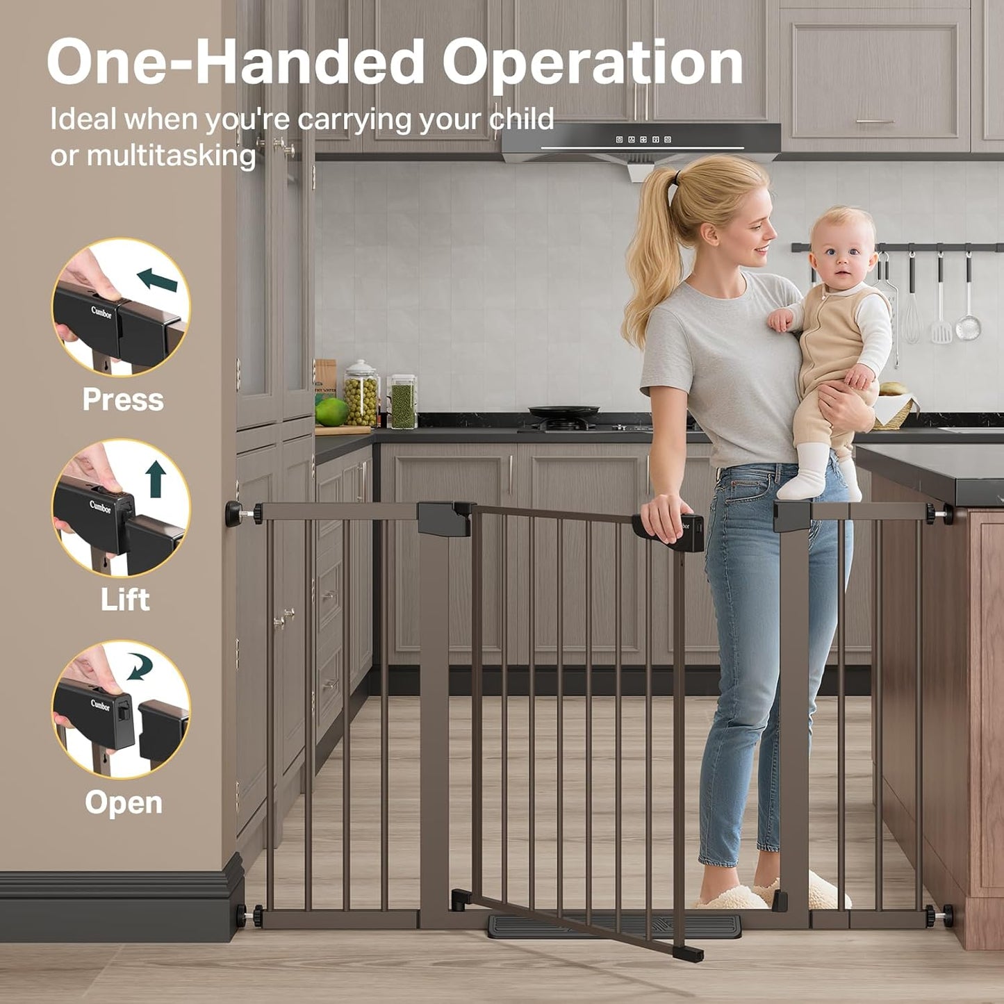 Cumbor 36.6-64" Extra Wide Baby Gate for Stairs, Dog Gates for Doorways, Auto-Close Pet Gate Indoor, Pressure Mounted Walk Through Safety Child Gate for Kids Toddler, Tall Pet Puppy Fence Gate, Brown