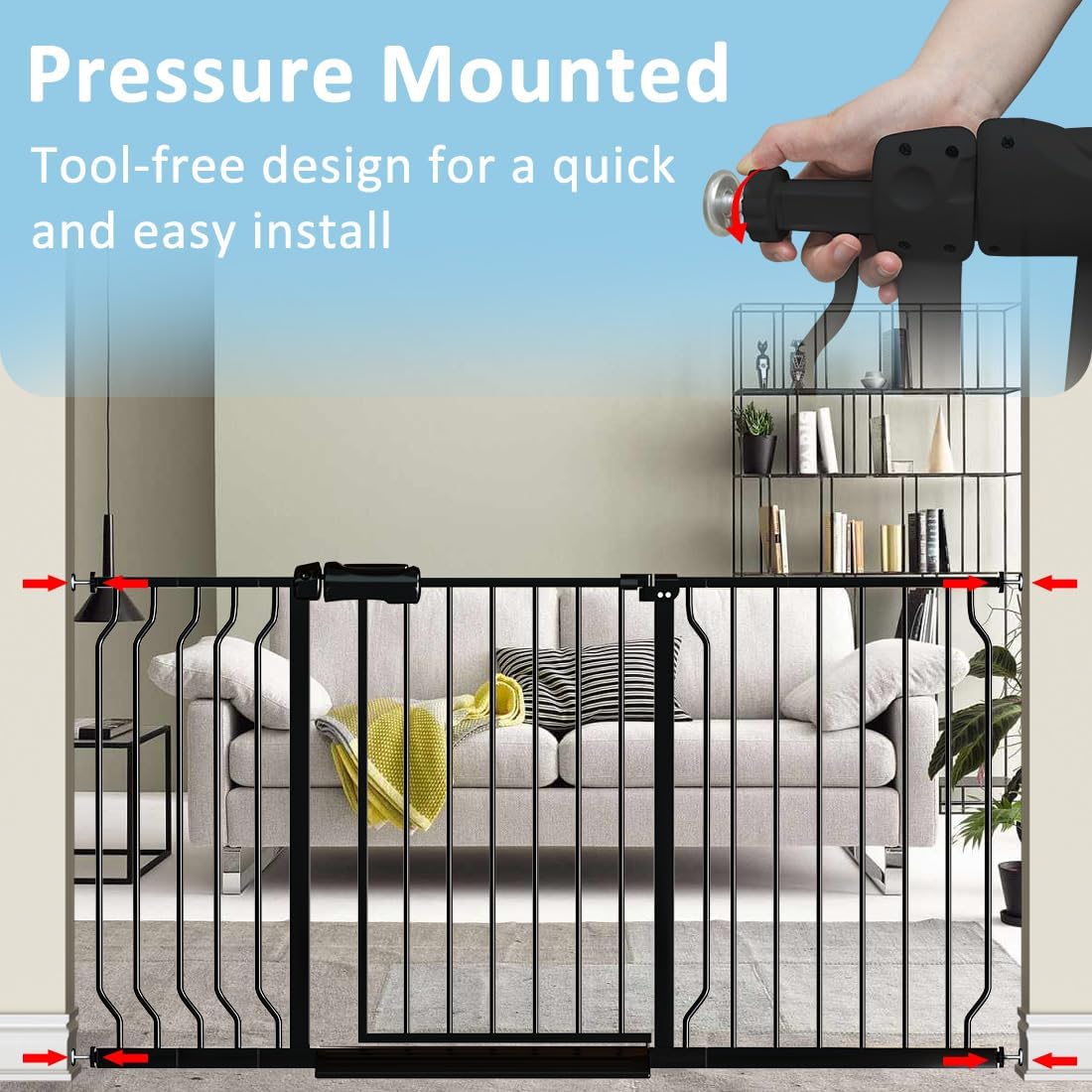 Extra Wide Baby Gate with Door, 52.76~62.2 Inch Wide Presure Mounted No Drill Metal Auto Close Child Gate for Stair Doorway - Indoor Outdoor Safty Gate for Toddler Dog Doggie, Black