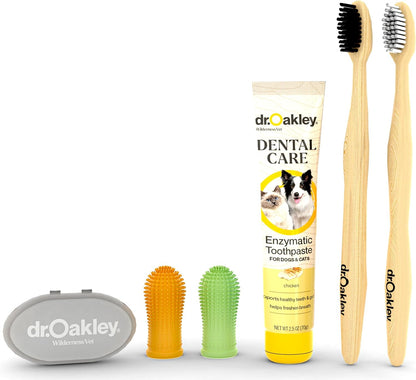 Dr. Oakley Dental Toothbrush Kit for Dogs & Cats -Finger Brush for Small Pets and Soft brushes for Large or Older Natural and Safe Peanut Butter Flavor -