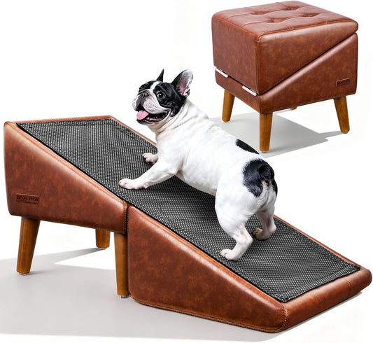 Dog Stairs for Small Dogs and Cats 16" H - with Encrypted Dot-Grip Non-Slip Surface, 2-in-1 Pet Ramp & Steps for Bed/Couch, Foldable Split Ottoman with Solid Wood Frame, Sturdy & Portable for Puppies
