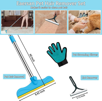 3 in 1 Carpet Rake for Pet Hair Removal, 60” Adjustable Long Handle Pet Hair Remover, Tool Set of 3, Reusable Carpet Scraper Dog Cat Pet Hair Removal Broom for Carpets, Car Mat, Pet Bed, Rugs