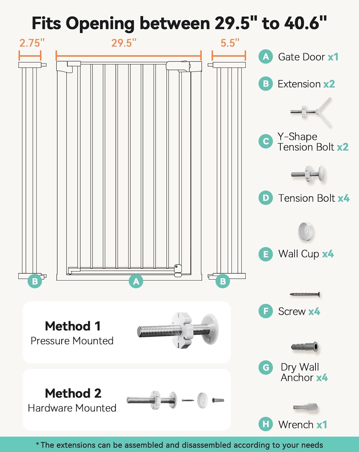 COMOMY 42" Extra Tall Baby Gate for Stairs Doorways, Fits Openings 29.5" to 40.6" Wide, Auto Close Sturdy Safety Dog Gate for House, Pressure Mounted Easy Walk Through Pet Gate with Door, White